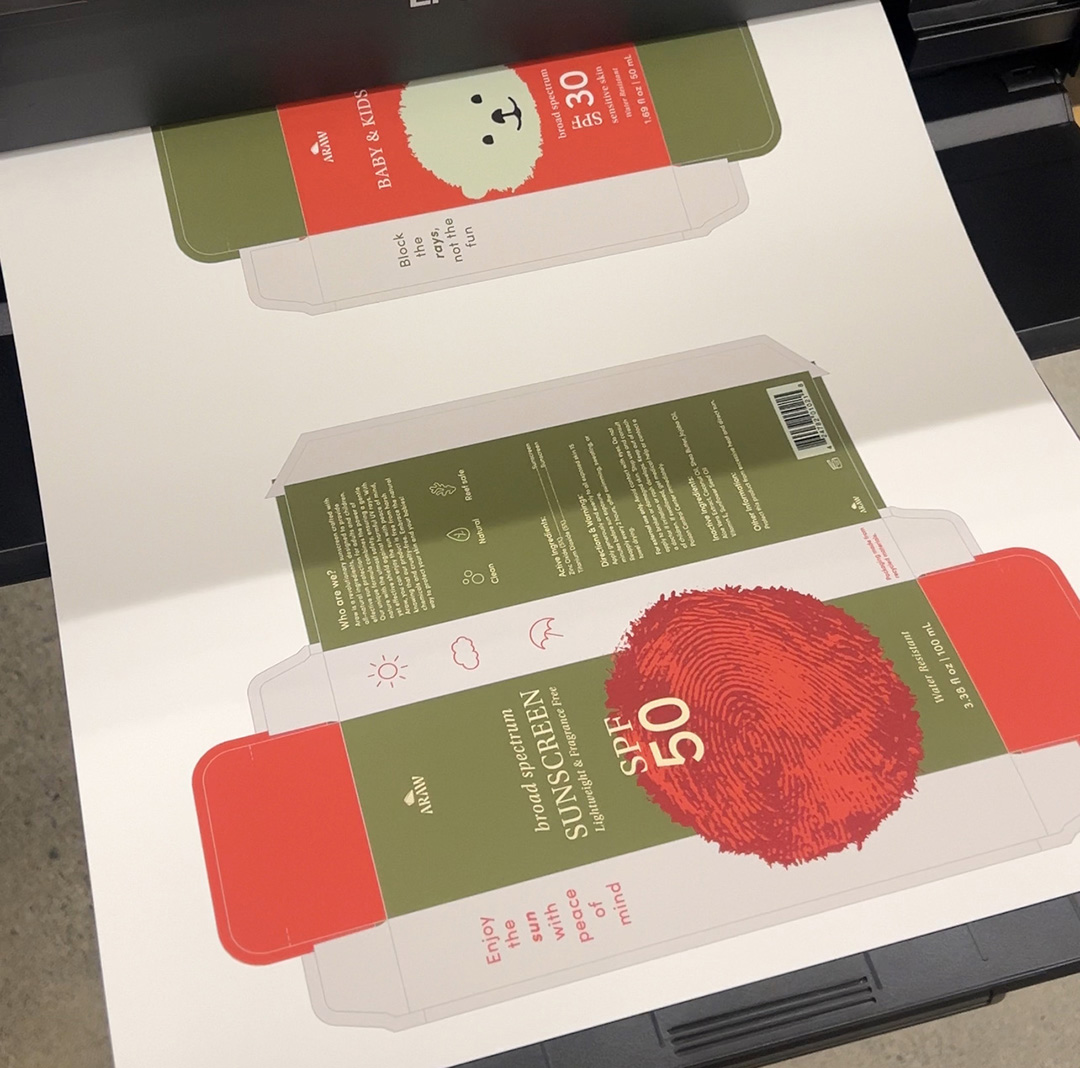 Photo of final package design being printed